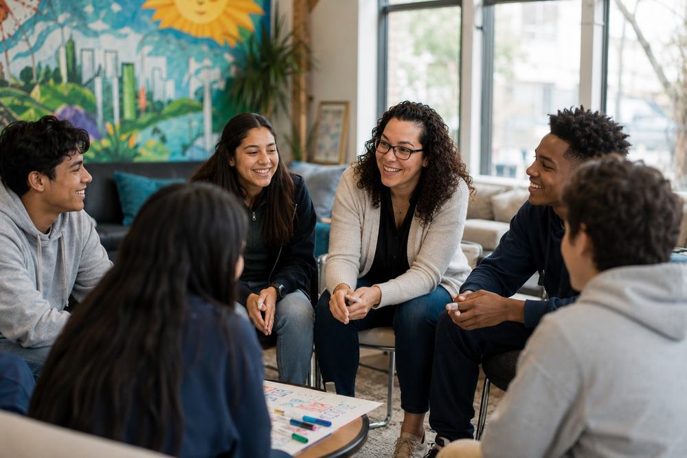 Mentor engaging with a group of youth in a community setting