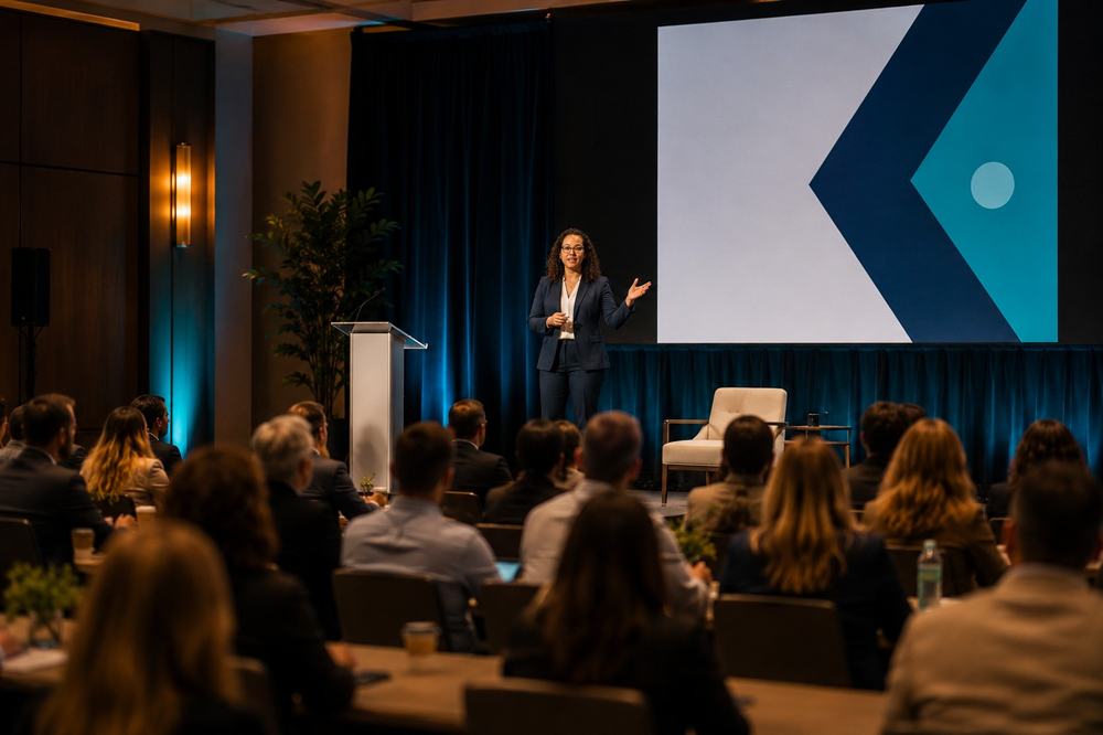 Speaker addressing a professional conference audience